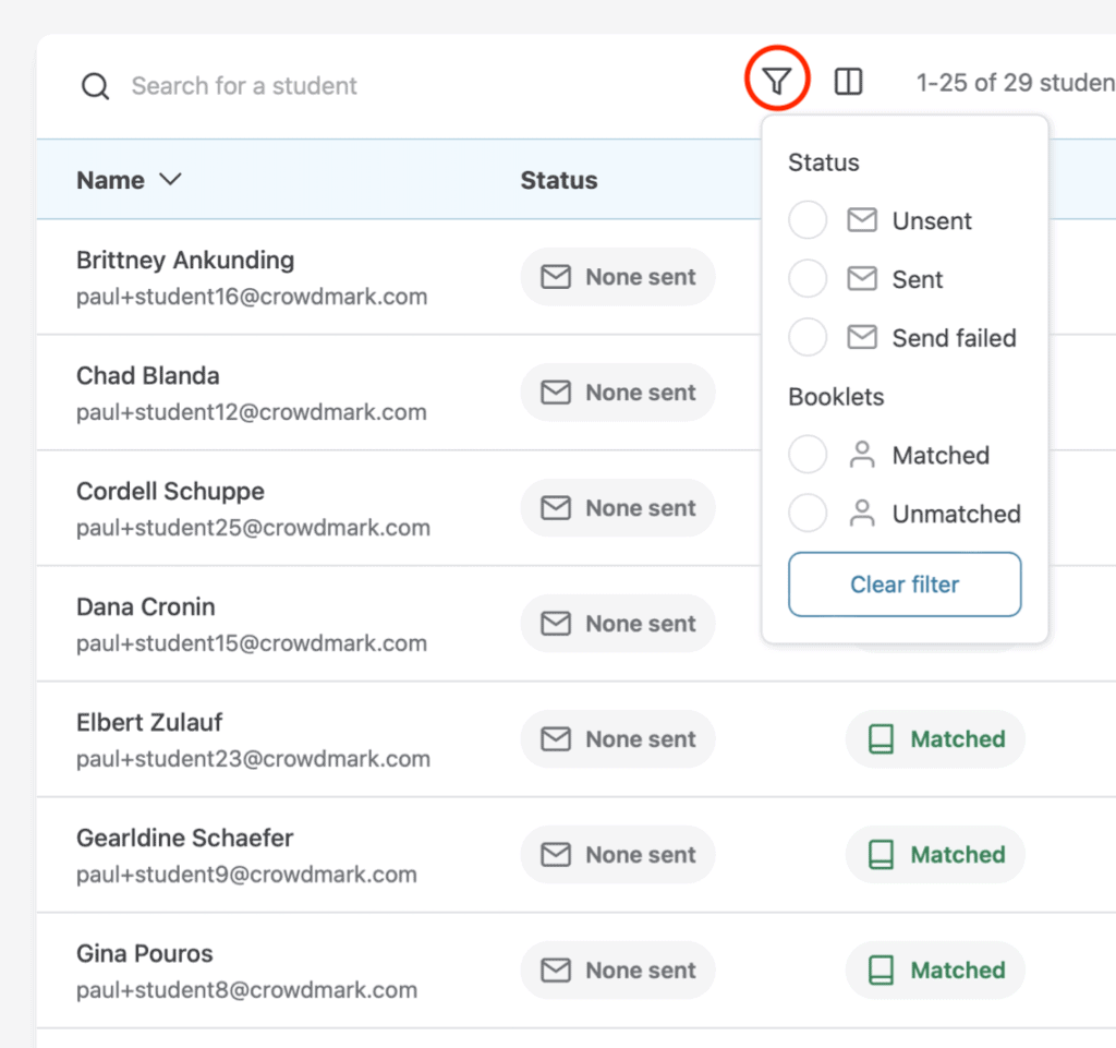 Filter menu expanded to show filtering by email status or matching status.