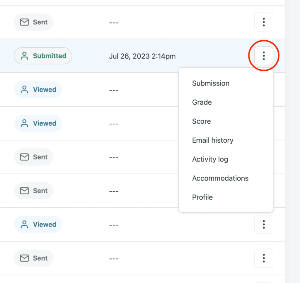The student menu makes it easy to find any actions related to a student.